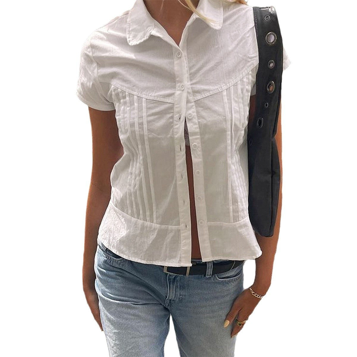 Casual Waist Tight Solid Color Short-sleeved Shirt Pleated Shirt Women's Clothing
