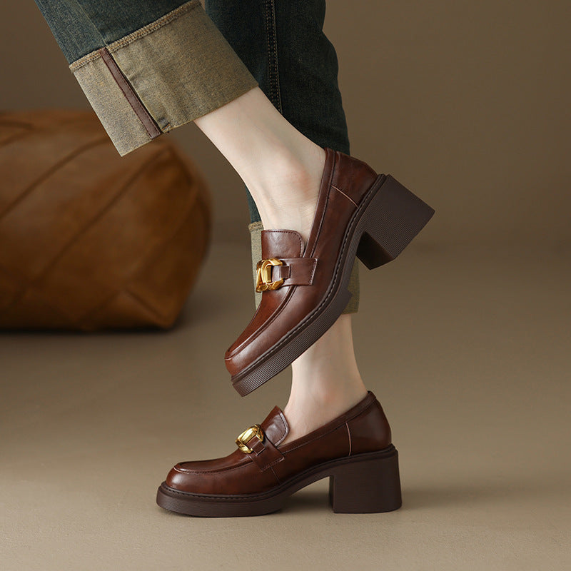 Sheepskin Preppy Style Metal Buckle High Heel Loafers Women