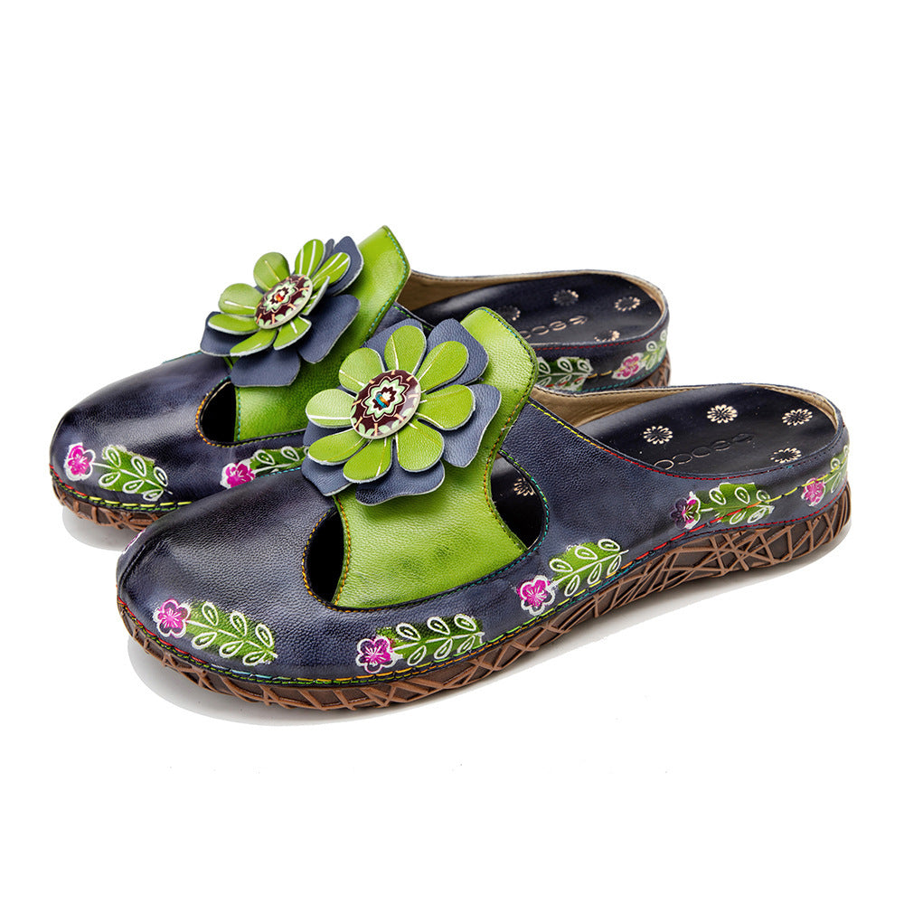 European And American Flat Bottom Flower Daily Home Leisure Half Slippers Women