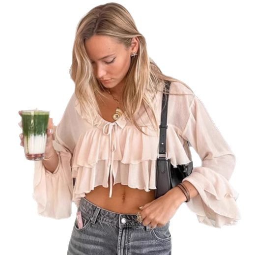 Chiffon V-neck Lace-up Ruffled Shirt