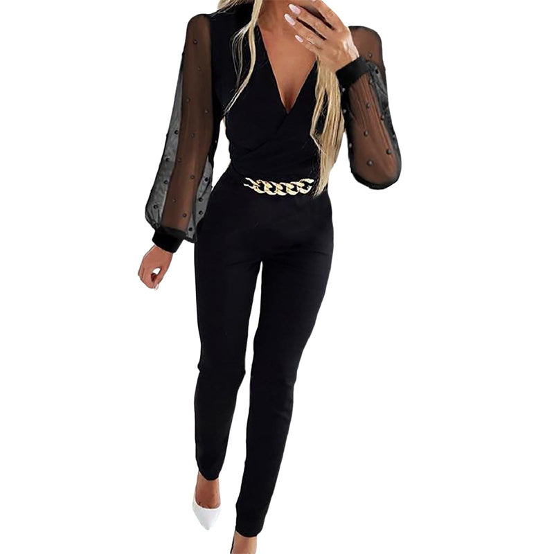 Elegant Deep V-Neck Women's Jumpsuit With Sheer Long Sleeves, Decorative Belt, Solid Color One-Piece Outfit For Spring & Fall