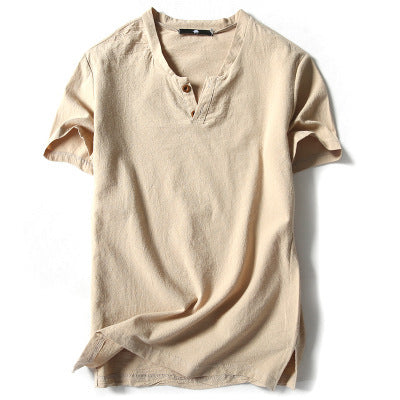 Slim-fit men's V-neck Button Half-sleeved T-shirt