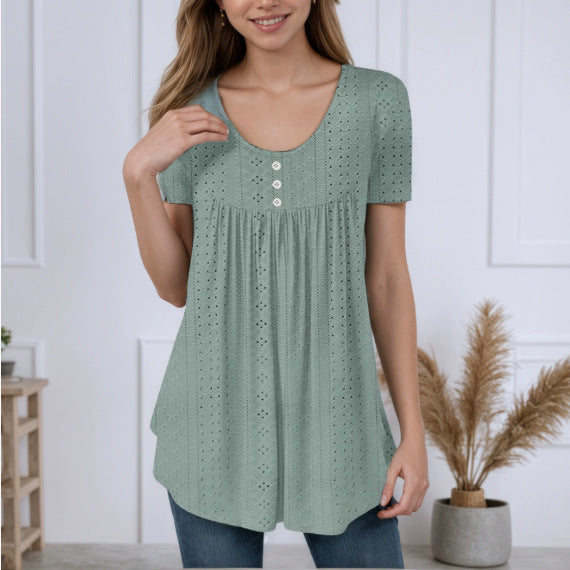 Summer New Round Neck Short Sleeve Top Loose Solid Color Hollow T-shirt