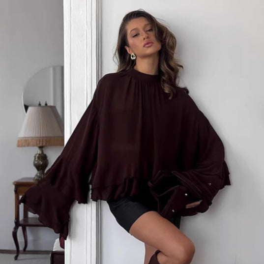 Brown Ruffled Chiffon Lace Stand Up Collar Shirt