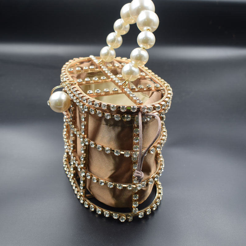 Korean pearl net red goddess Lu Jieyun with the rhinestone basket metal canvas birdcage bag portable evening bag