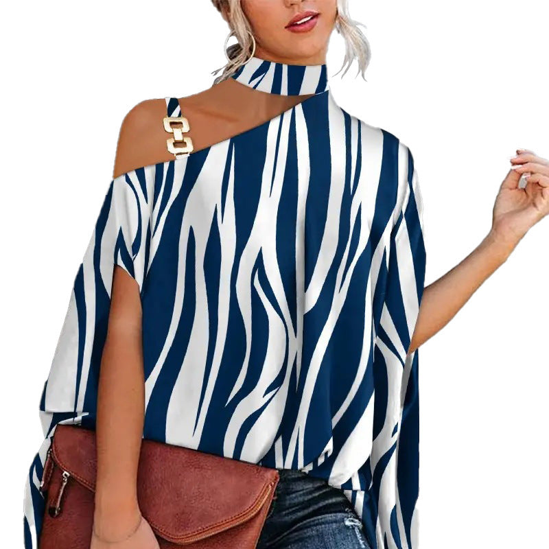 Wear Halter Shawl Printed Elegant Short Sleeve Bat Shirt