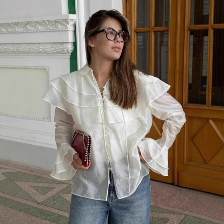 White Ruffled Flare Sleeve Tencel Shirt