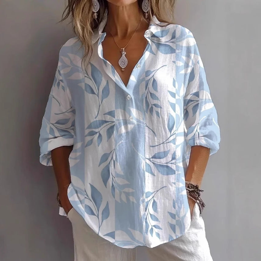 Fashion Printing Lapel Long Sleeve Shirt Top
