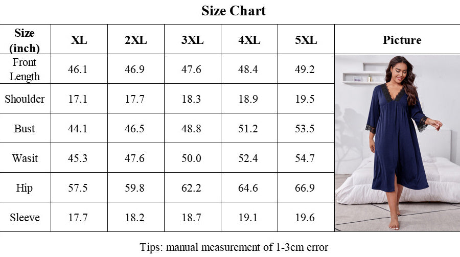 Home Wear Plus Size Three-quarter Sleeve Lace Nightdress For Women