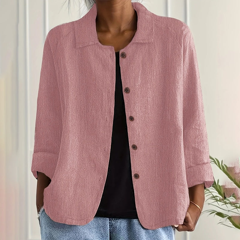 Women's Casual Long Sleeve Shirt - Solid Color Button-Down Shirt With Turn-Down Collar For Spring&Fall