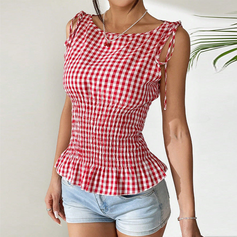 Plaid Camisole Sleeveless Lace Vest