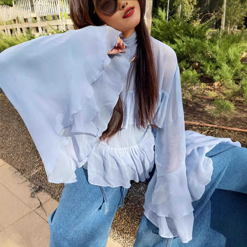 Blue Bell Sleeve Ruffle Blouse