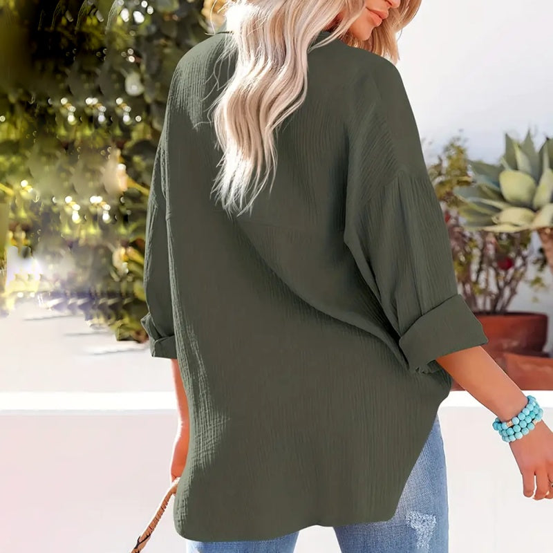 Women's Solid Color V-Neck Long Sleeve Blouse - Textured Button-Up Shirt, Casual & Minimalist Top For Spring&Fall