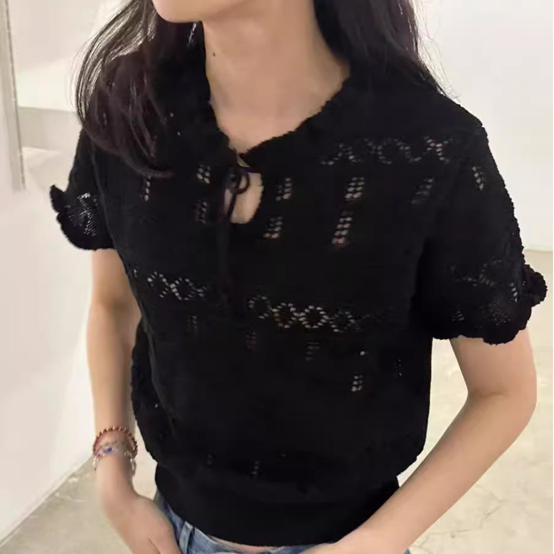 Hollow Stringy Selvedge Lace-up Knitted Top Women's T-shirt