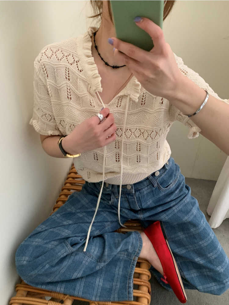 Hollow Stringy Selvedge Lace-up Knitted Top Women's T-shirt