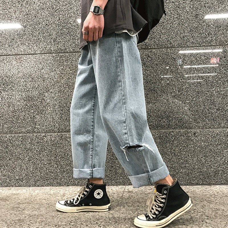 Loose Korean Version Of Nine Split Straight Tube Ripped Jeans