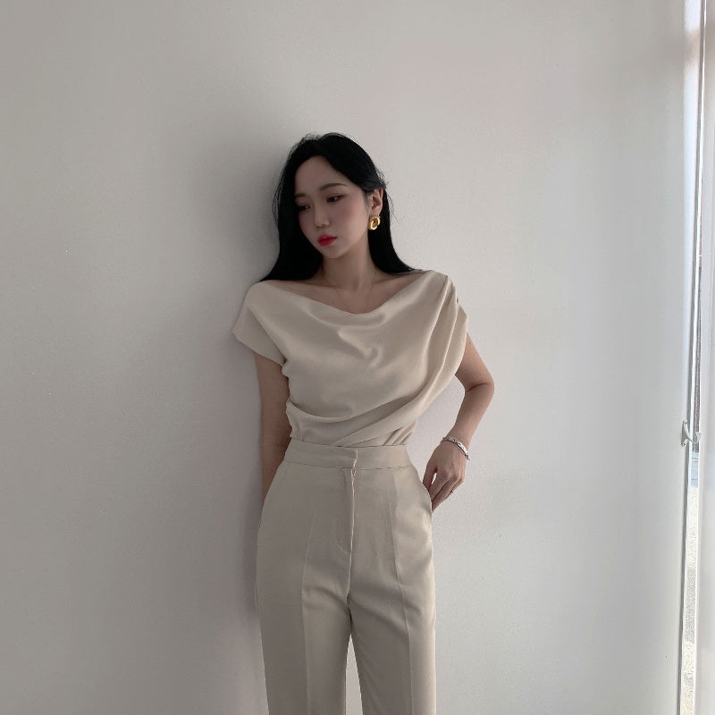 Off-shoulder Collar Design Loose Casual Short Sleeve Shirt Top