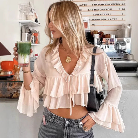 Chiffon V-neck Lace-up Ruffled Shirt