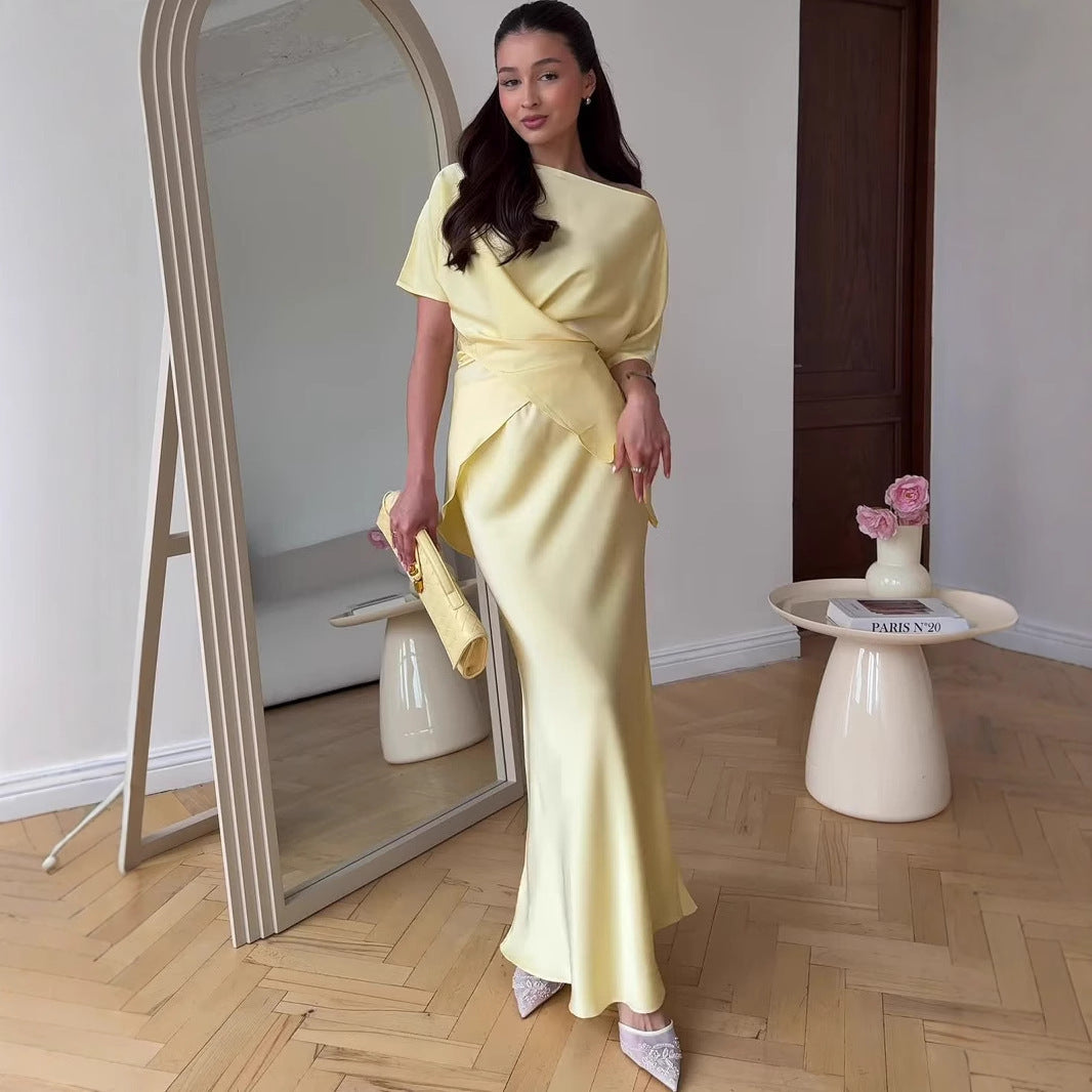 Short Sleeve Tied Top & Maxi Mid-length Dress Set