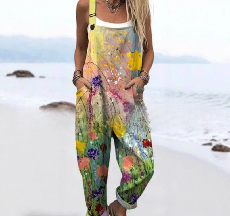 Digital Printing Button Casual Suspender Trousers