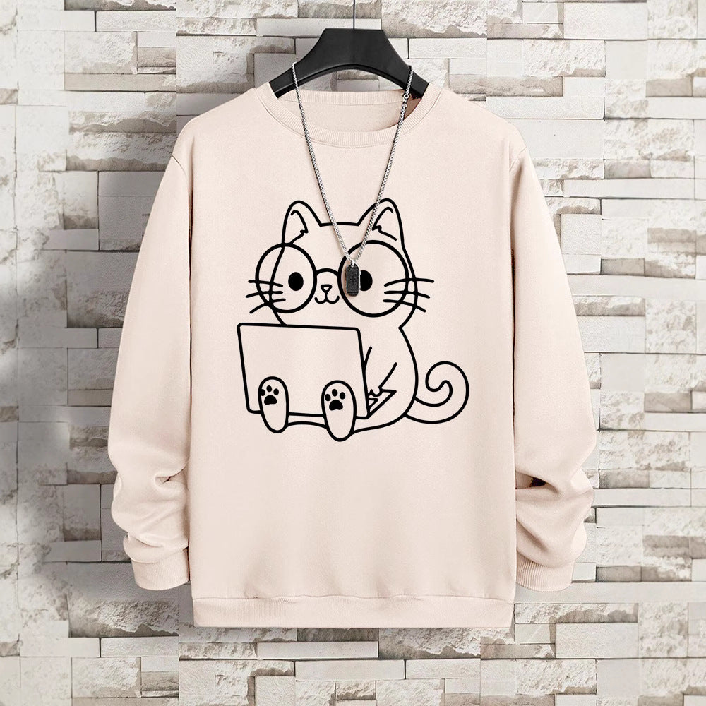 Gentleman Cat At Work Printed Men's Sweatshirt Hip Hop Loose