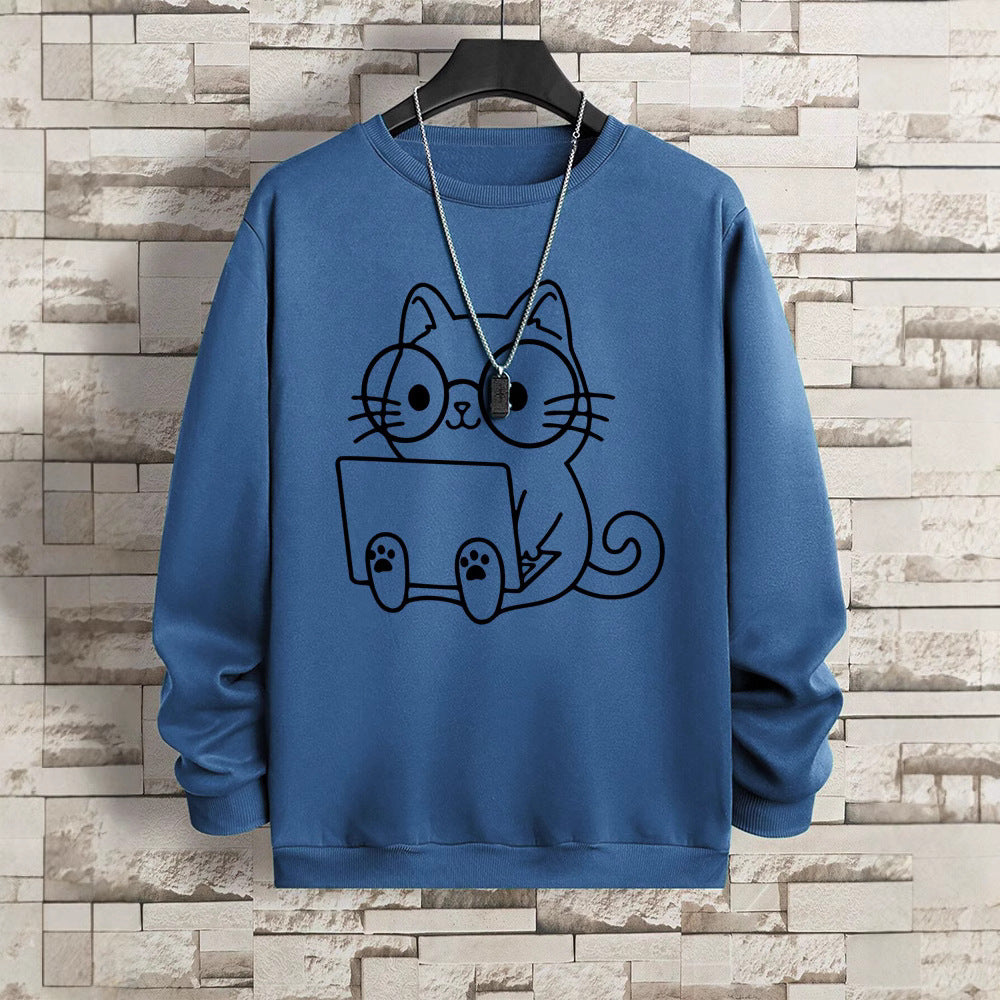 Gentleman Cat At Work Printed Men's Sweatshirt Hip Hop Loose