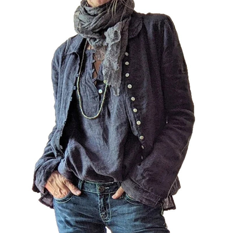 Button Polo Collar Solid Color Long Sleeve Shirt
