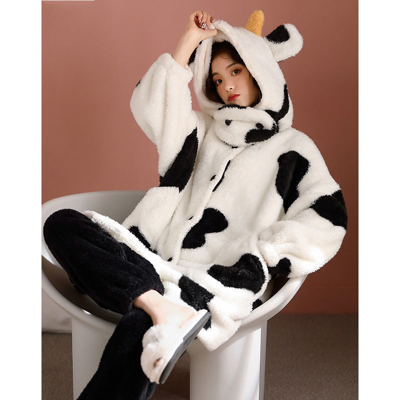 Cute Cow Pajamas Women Autumn And Winter Coral Fleece Long Thickening Home Service