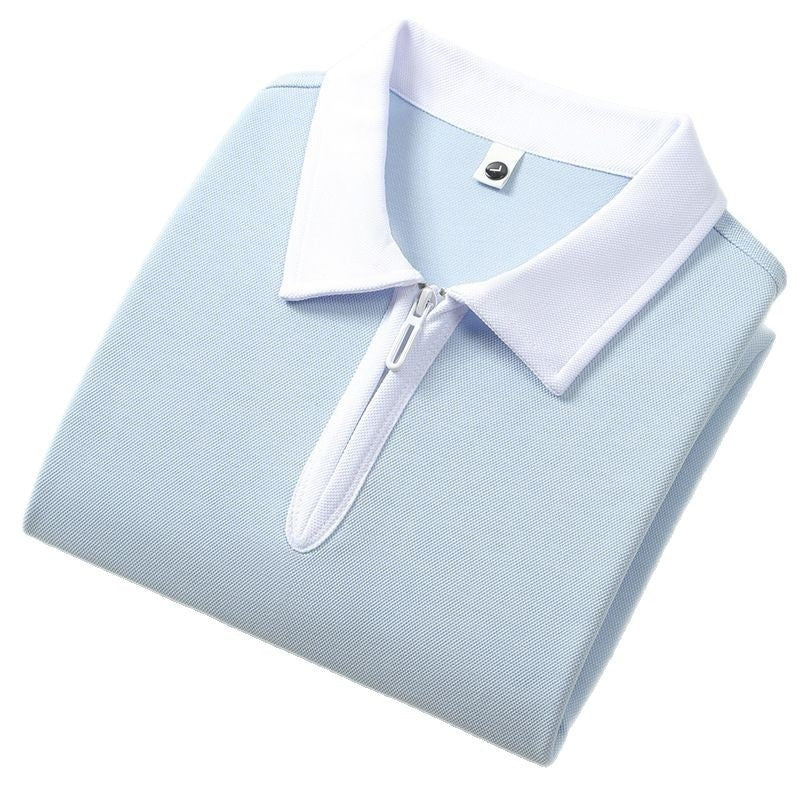 Zipper And Lapel Polo Shirt Solid Color Short Sleeve