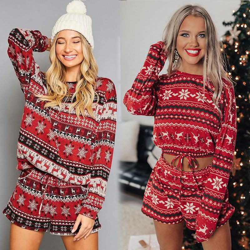 Women Printed Long Sleeve Loose Christmas Home Set