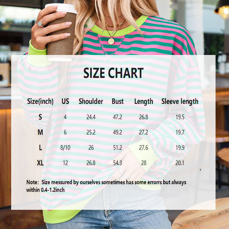 Women's Casual Crewneck Striped Long Sleeve Sweatshirt - Comfortable Loose Fit Ribbed Knit Top For Spring&Fall