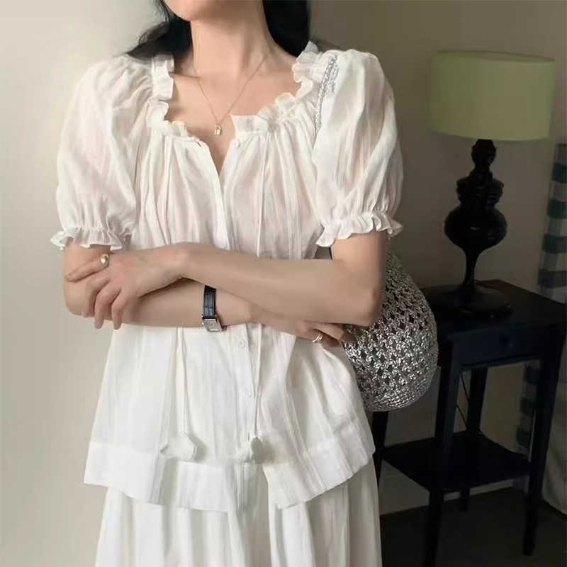 Women's Drawstring Wooden Ear Design Loose Puff Sleeves Shirt