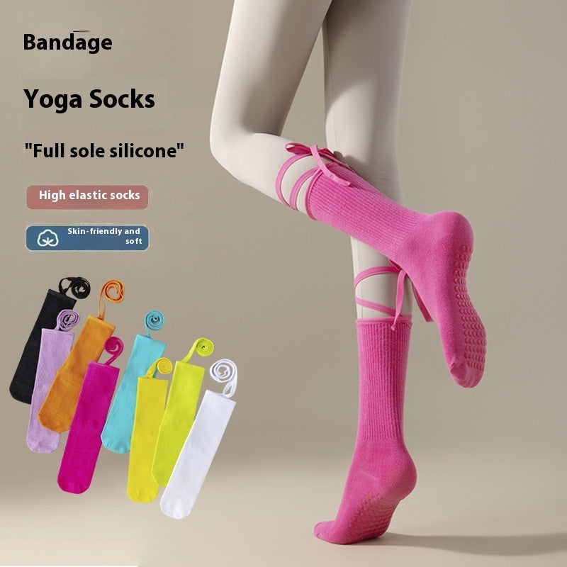 Women's Anti-slip Cross Lace-up Yoga Pilates Dance Dopamine Sports Wear Mid-calf Socks