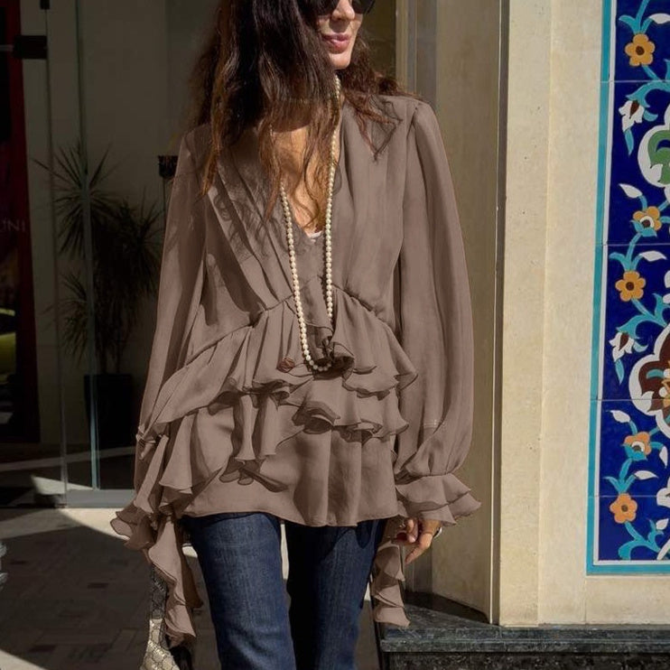 Chiffon V-neck Long Sleeve Shirt