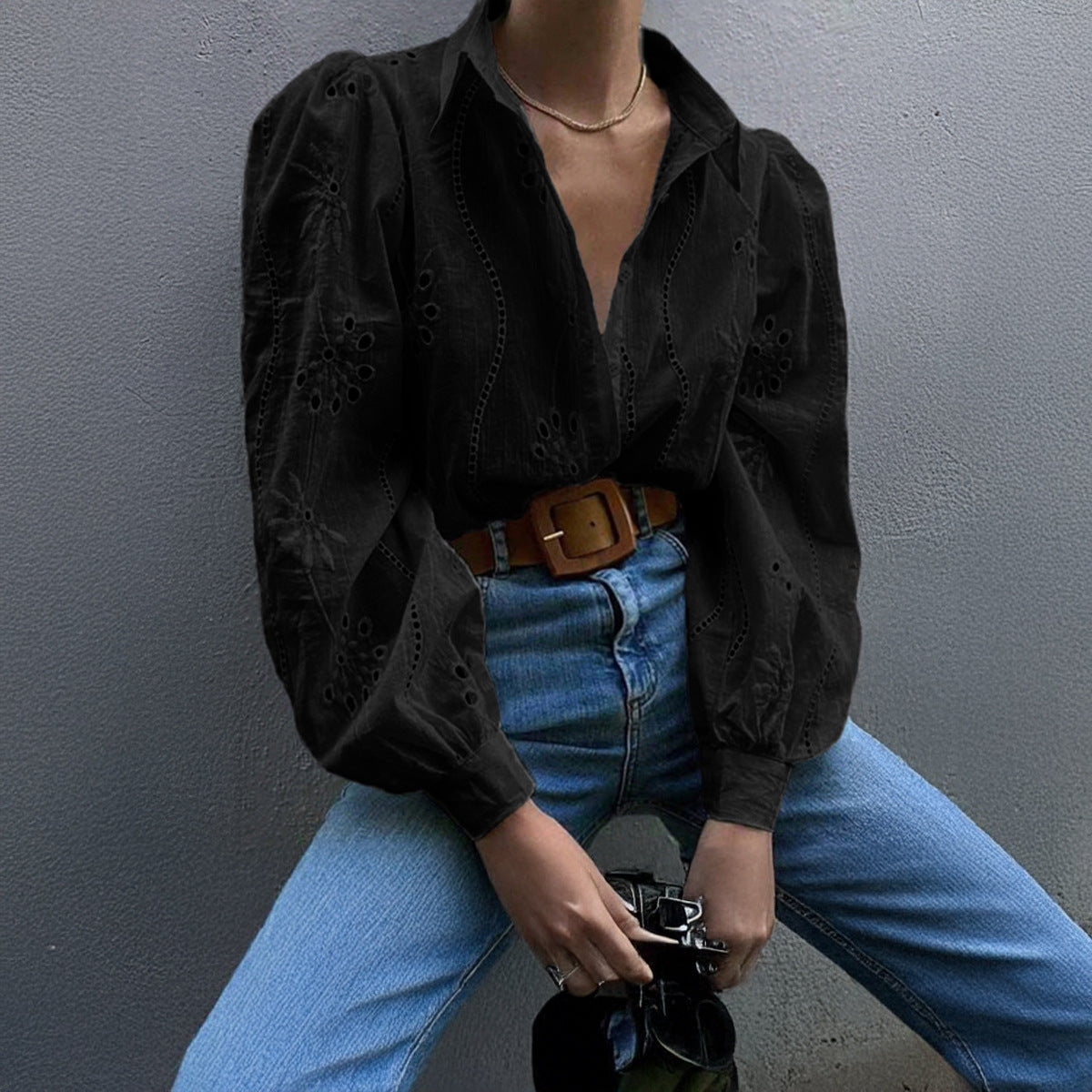 Casual Loose Fashion Hollowed-out Puff Sleeve Cardigan Top Women's Clothing