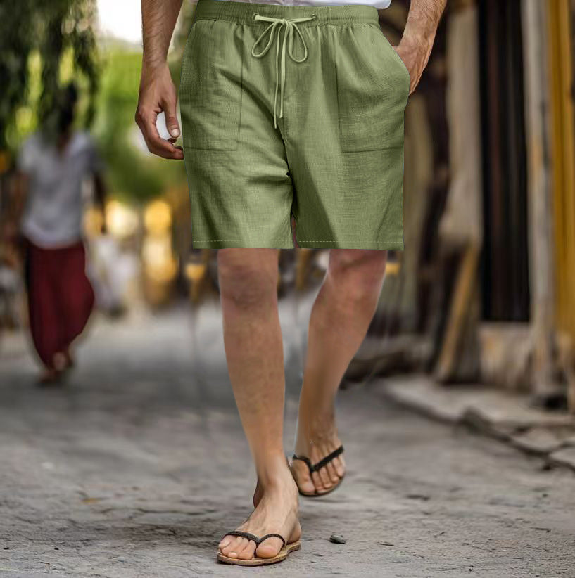 Men's Cotton Linen Multi-pocket Drawstring Leisure Beach Shorts