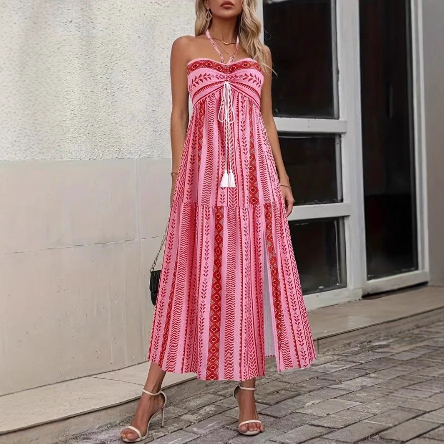 Split Sexy Printed Lace-up Tube Top Dress