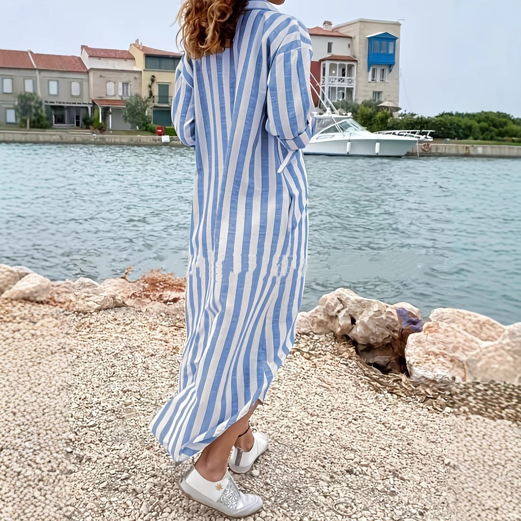Cotton And Linen Breathable Casual Loose Striped Women's Short-sleeved Shirt