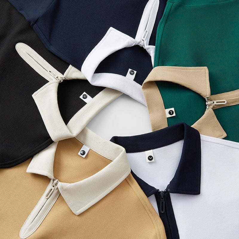 Zipper And Lapel Polo Shirt Solid Color Short Sleeve