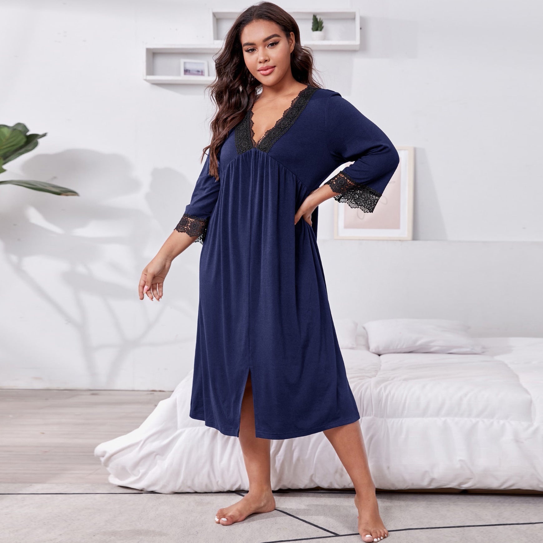 Home Wear Plus Size Three-quarter Sleeve Lace Nightdress For Women