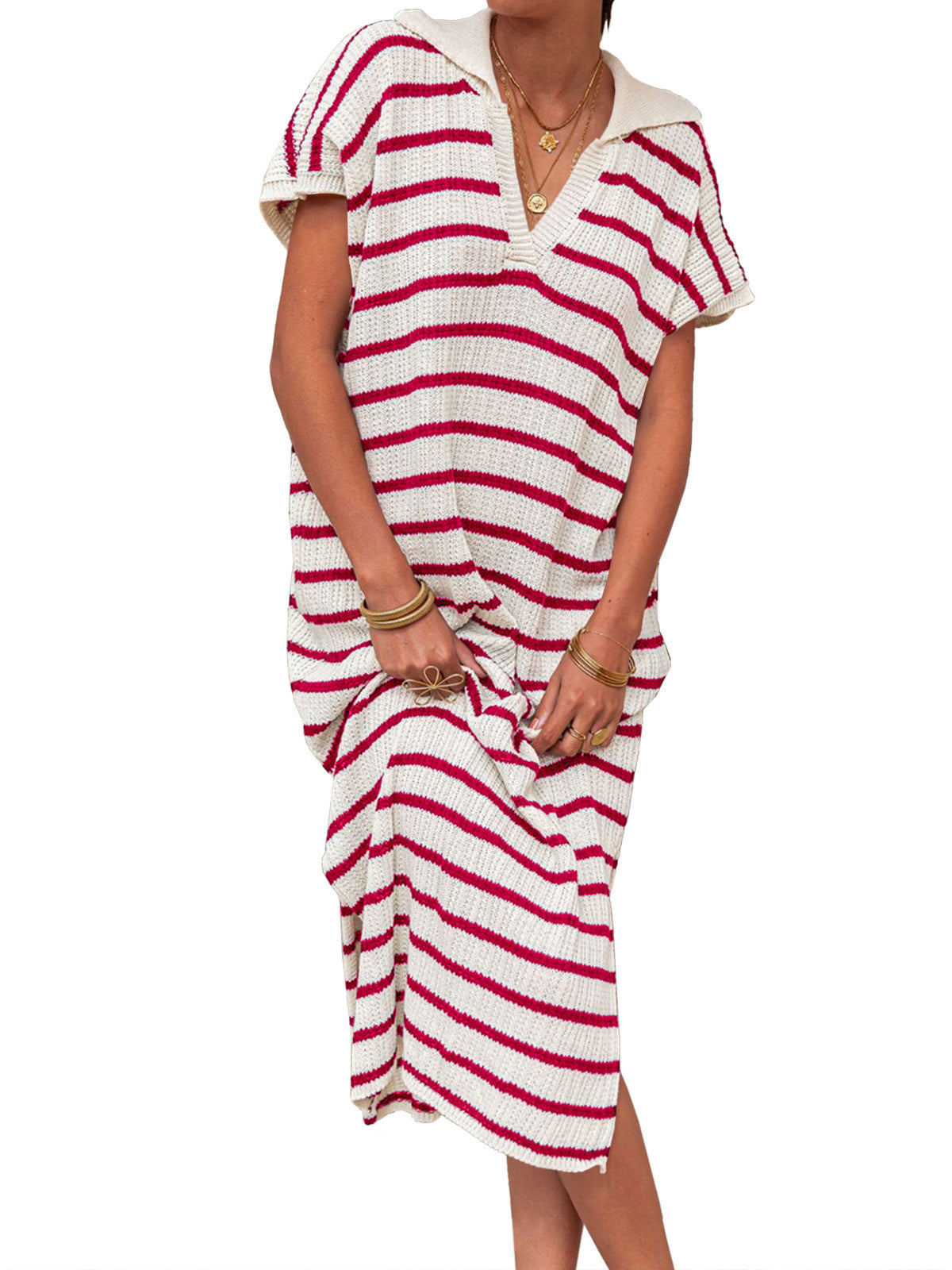 V-neck Striped Low Slit Lapel Long Dress Sweater