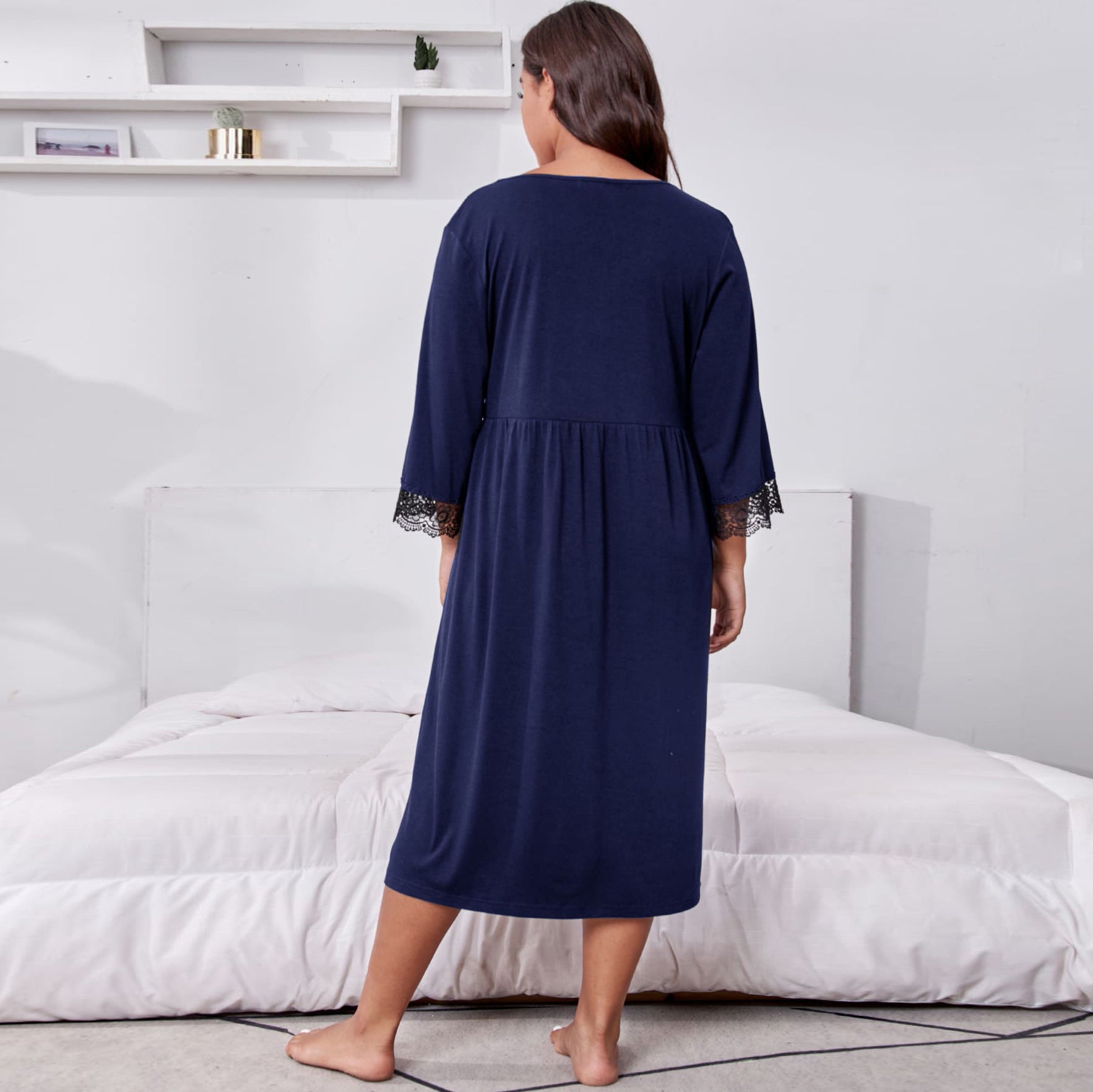 Home Wear Plus Size Three-quarter Sleeve Lace Nightdress For Women