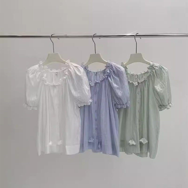 Women's Drawstring Wooden Ear Design Loose Puff Sleeves Shirt