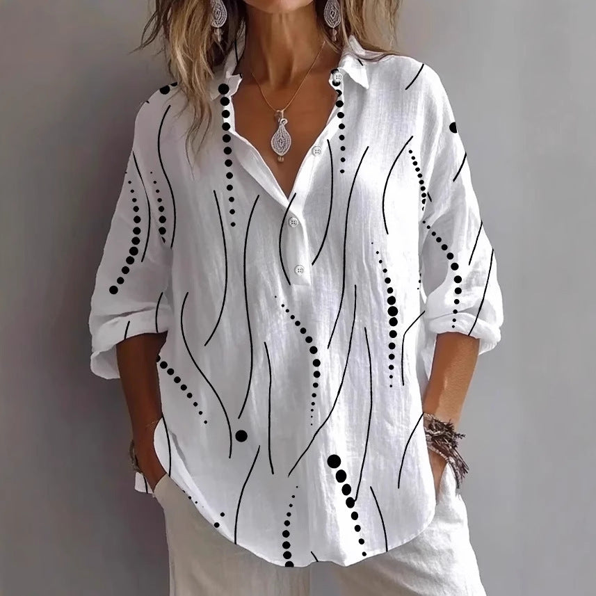 Fashion Printing Lapel Long Sleeve Shirt Top