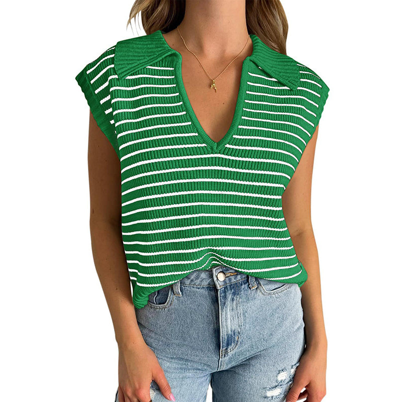Women's V Neck Cap Sleeve Sweater Vest Sleeveless Collared Striped Knit Tank Tops