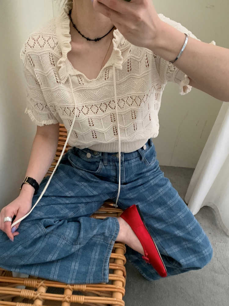 Hollow Stringy Selvedge Lace-up Knitted Top Women's T-shirt
