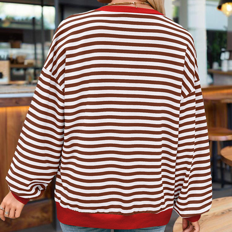 Women's Casual Crewneck Striped Long Sleeve Sweatshirt - Comfortable Loose Fit Ribbed Knit Top For Spring&Fall