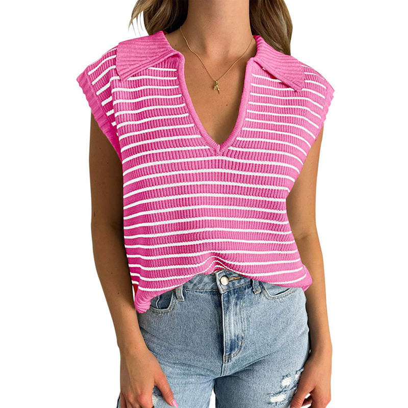 Women's V Neck Cap Sleeve Sweater Vest Sleeveless Collared Striped Knit Tank Tops