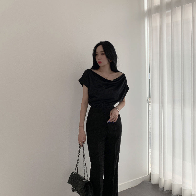 Off-shoulder Collar Design Loose Casual Short Sleeve Shirt Top