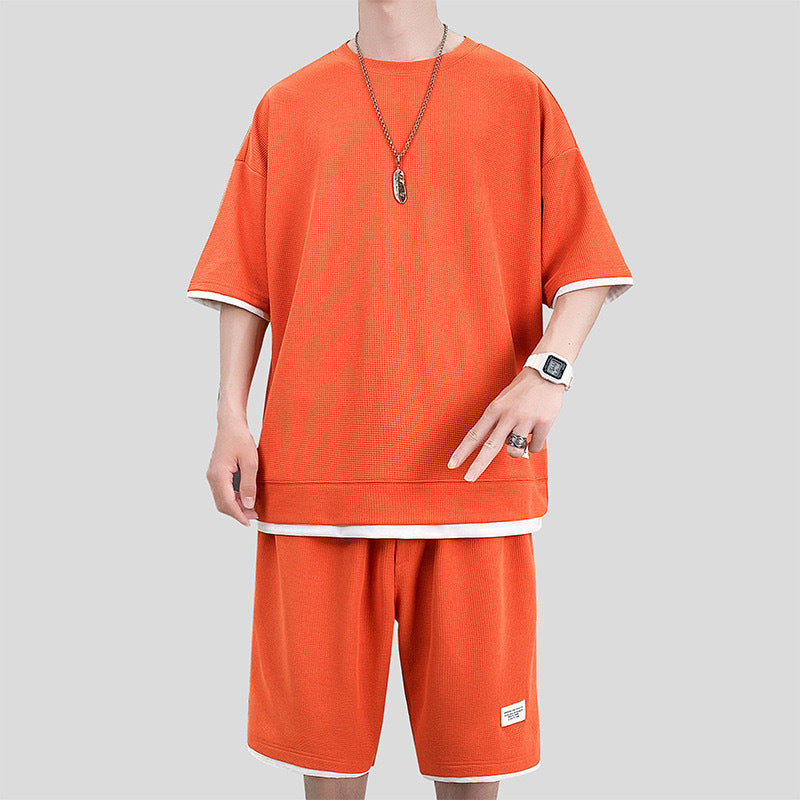 Waffle Sports Suit Men's Top And Shorts Two-piece Set